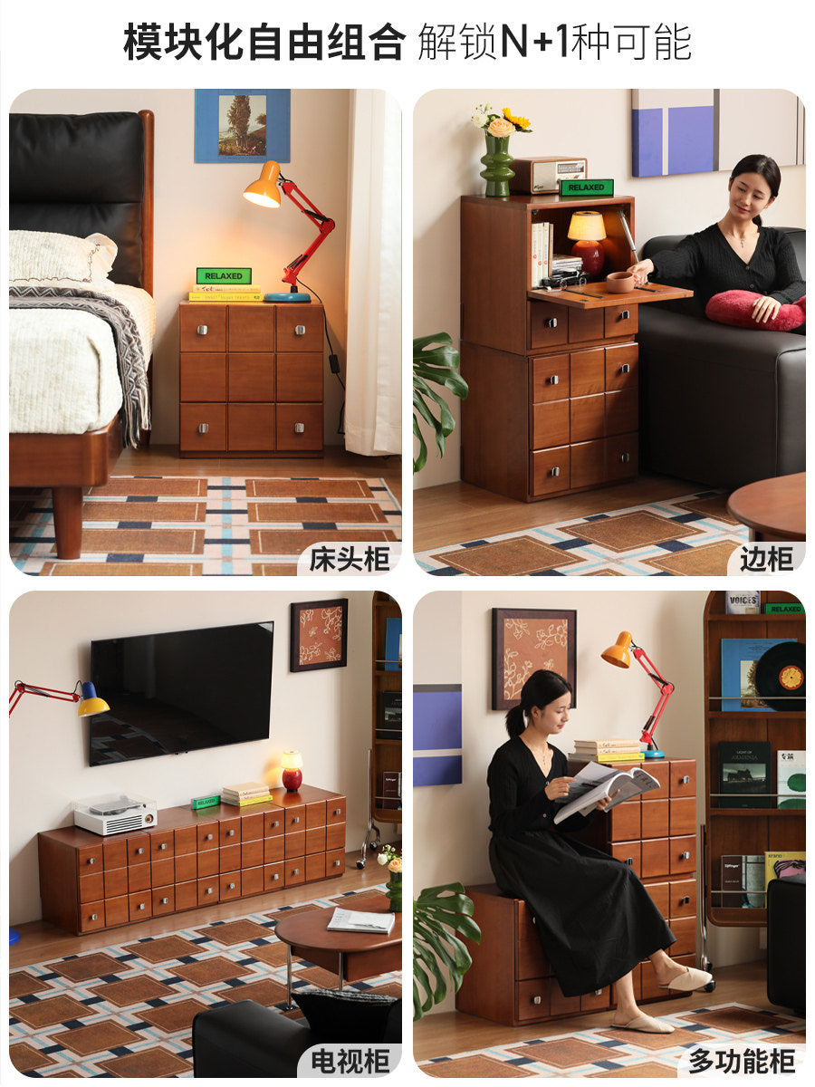 Solid wood chest of drawers, vintage style modular cabinet, teak-colored storage cabinet, bedroom Carmen cabinet